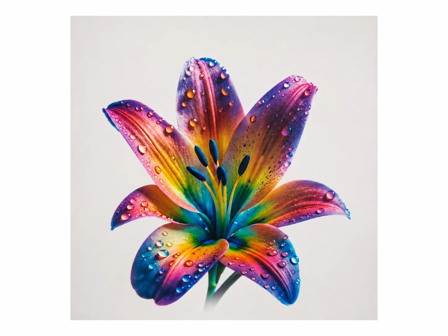 Stampa su parete con fiore di giglio dai colori iridescenti e gocce d'acqua